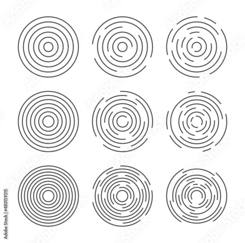 Circular vector lines, circle concentric pattern design. Round graphic black ripple background. Abstract geometric vortex ring shapes.Radial center minimal spirals on white.Dynamic simple burst. photo