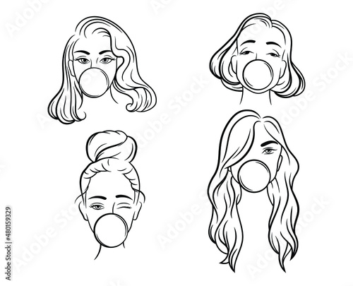 Set of girls with chewing gum. Collection of stylish woman blows a bubble of chewing gum. Design for a t-shirt with a print. Vector illustration of a young girl with a beautiful hairstyle.