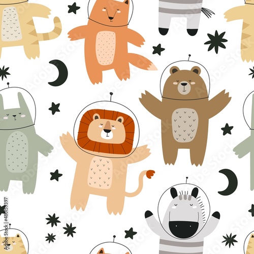 seamless pattern with cartoon animals in space, stars, decor elements. Colorful vector for kids, flat style, hand drawing. baby design for fabric, print, nursery wallpaper, textile