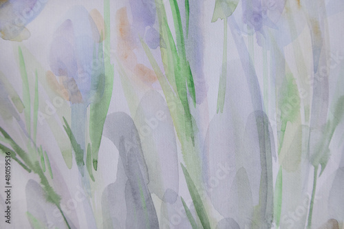 Abstract sprouts on white. Spring subtlety wallpaper. Young plant background. Pastel colors aquarelle painting. Paper with implicit brush strokes texture. Simple delicate artwork.