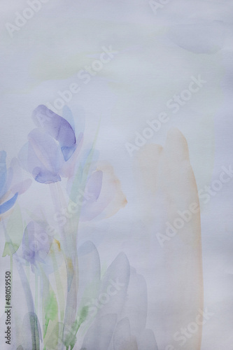Relax vertical background with spring flowers. Young plant illustration. Pastel colors neutral painting. Crumpled wet paper texture. Simple delicate wallpaper. Effortlessness concept.