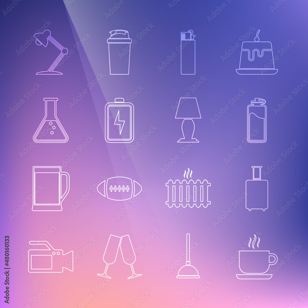 Set line Coffee cup, Travel suitcase, Sport bottle with water, Lighter, Battery, Test tube and flask, Table lamp and icon. Vector Set line Coffee cup, Travel suitcase, Sport bottle with water, Lighter, Battery, Test tube and flask, Table lamp and icon. Vector