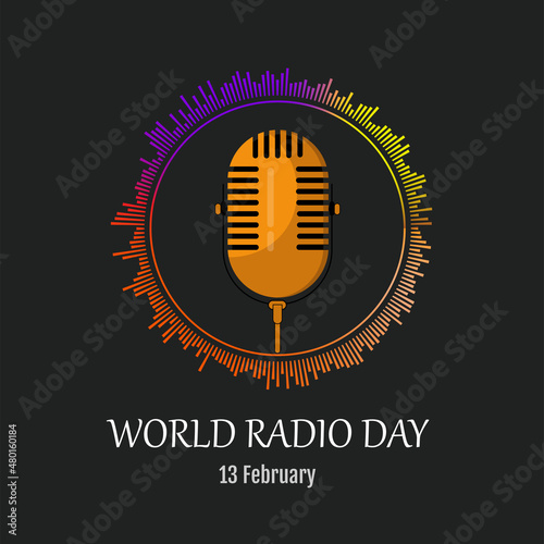 Microphone surrounded by colored audio spectrum . World radio day concept. February 13th.
