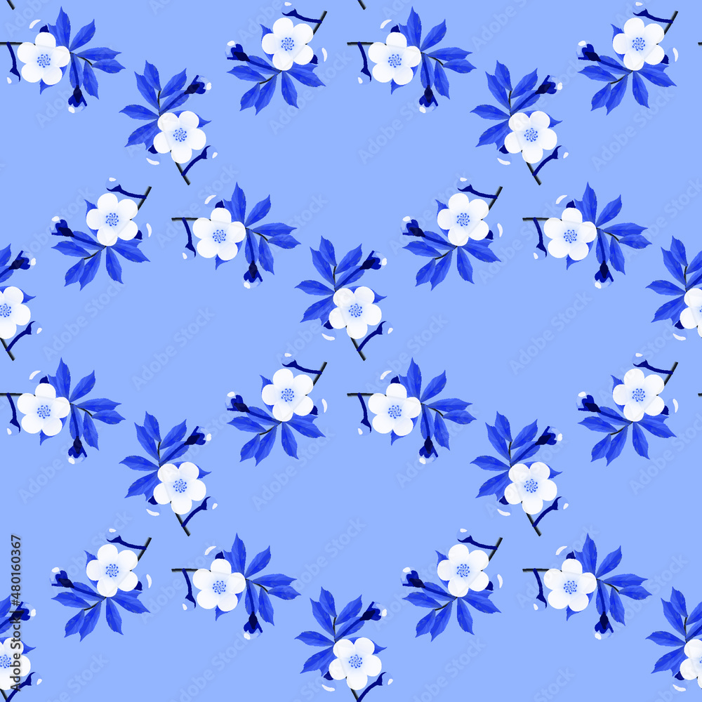 Monochrome triangular pattern of cherry blossoms on blue background, geometric pattern, seamless texture, vector
