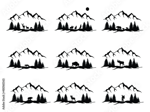 Set of animals in the forest. Collection of silhouette of wild animals in the mountains of deer, bear, wolf and fox. Tourism. Vector illustration of man and nature on a white background.