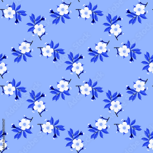 Monochrome triangular pattern of cherry blossoms on blue background, geometric pattern, seamless texture, vector