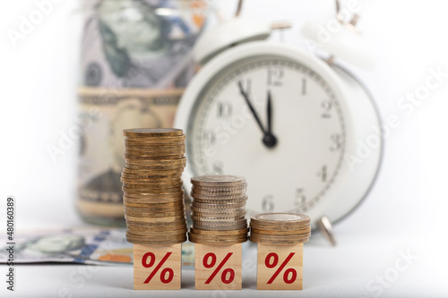 percent Interest rate. Risk Management, business financial concept. Wooden cube block icon percent symbol.