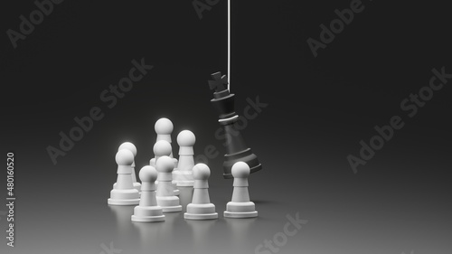 Black king execution in front of group of white pawn dark . 3D illustration of punishment