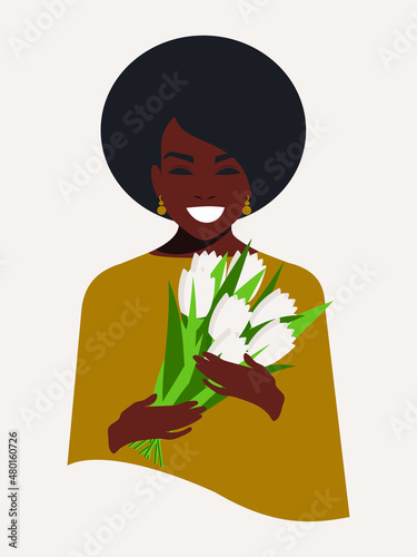A stylish African-American beauty with dark skin and fluffy curly hair holds white tulips in her hands. Holiday card for Mother's Day, Women's Day March 8. Tanned girl smiles and is happy. Vector.