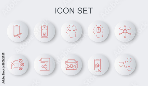 Set line Share, Car sharing, Head silhouette with cloud, Flight mode the mobile, file and icon. Vector