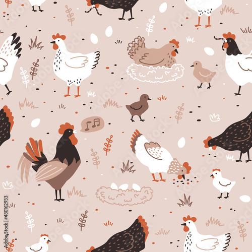 Seamless pattern with hen, chicken, rooster and nest with eggs. Chicken farm. Cartoon. Cozy vector illustration.