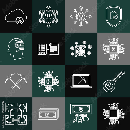 Set line Processor, Cryptocurrency key, chip with dollar, Distribution, Smart contract, Brain as digital circuit board, cloud mining and ASIC Miner icon. Vector