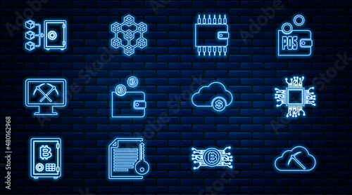 Set line Cryptocurrency cloud mining, Processor, wallet, Mining with monitor and pickaxe, Proof of stake, and Blockchain technology icon. Vector