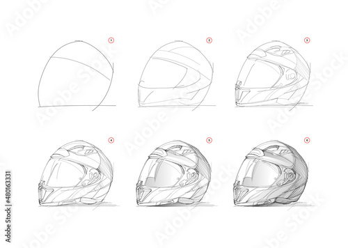Page shows how to learn to draw sketch of motorcycle helmet. Creation step by step pencil drawing. Educational page for artists. Textbook for developing artistic skills. Online education. Vector image photo
