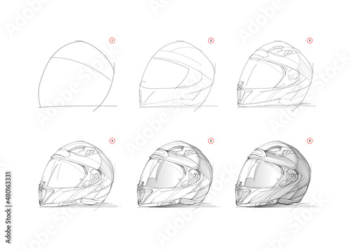 Page shows how to learn to draw sketch of motorcycle helmet. Creation step by step pencil drawing. Educational page for artists. Textbook for developing artistic skills. Online education. Vector image