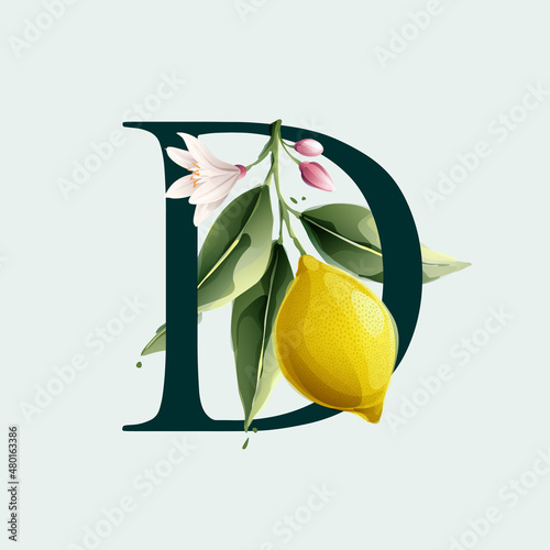 D letter logo with lemons in vector watercolor style. Illustration of green leaves, flowers, buds, and branches.