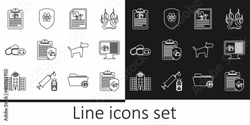 Set line Clinical record pet, on monitor, Medical certificate for dog cat, Cat and pills, Dog and Animal health insurance icon. Vector