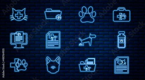 Set line Medical certificate for dog or cat, Pets vial medical, Paw print, Clinical record pet on monitor, Veterinary clinic, Dog pooping and veterinary folder icon. Vector