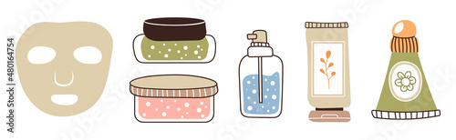 A set of bottles and tubes of cosmetics, jars for skin care with face, hair and body cream. Trendy style for postcard, banner, wrapping paper template. Vector illustration.