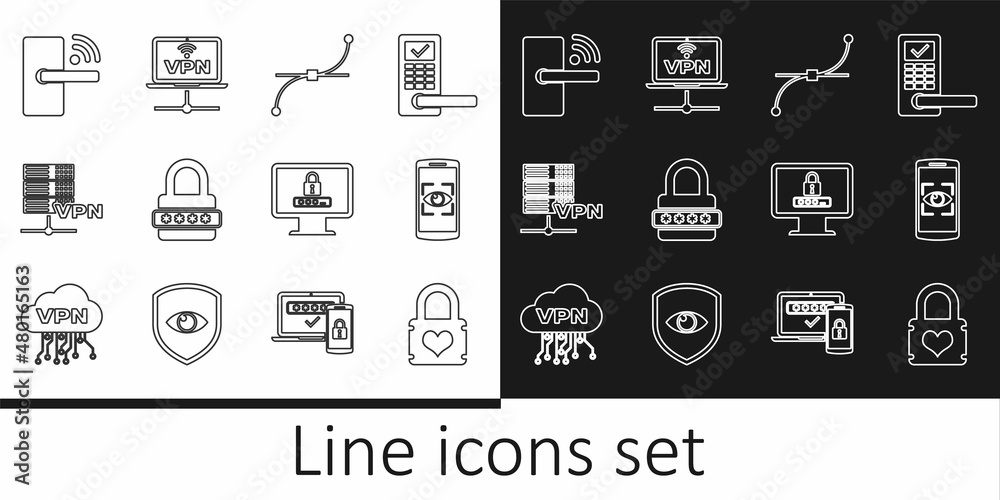 Set line Padlock with heart, Mobile and eye scan, Bezier curve, Password protection, Server VPN, Digital door wireless, Monitor password and Computer network icon. Vector