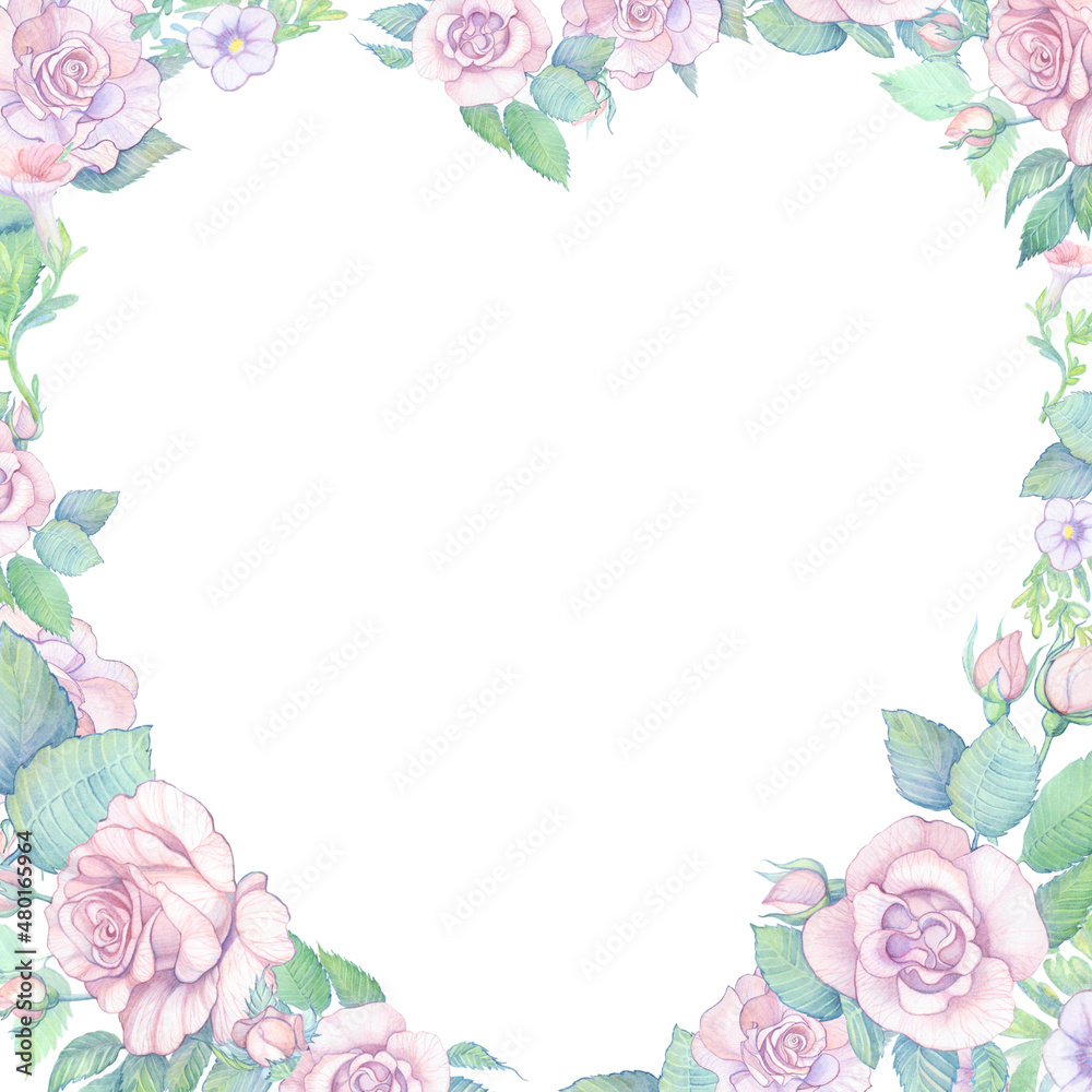heart-shaped frame of watercolor images of pink roses, leaves and climbing flowers