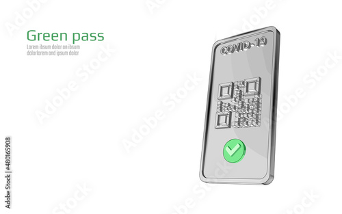 COVID-19 Green Pass QR-code 3D concept. Phone app screen health passport mobile app certificate. Safe travel coronavirus immunization poster vector illustration