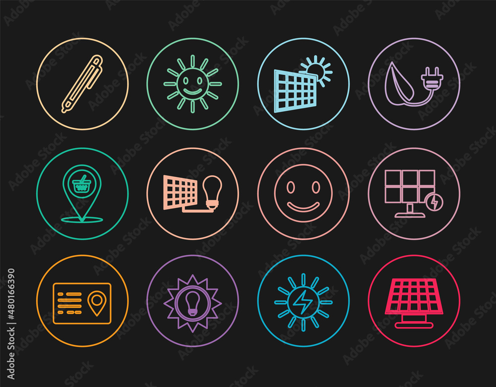 Set line Solar energy panel, and sun, light bulb, Location shopping basket, Pen, Smile face and Cute with smile icon. Vector