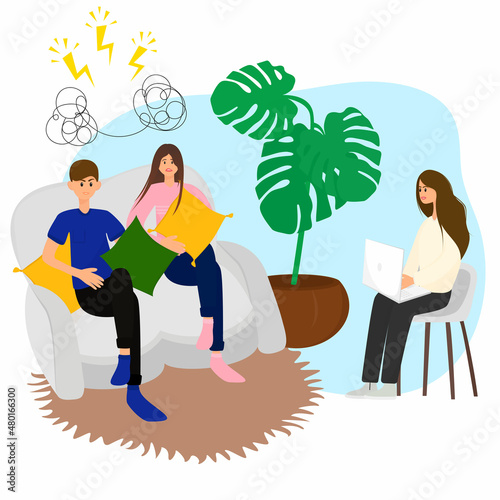 Family psychotherapy session. A man and a woman at a psychologist's appointment. The concept of helping and solving family problems. Flat vector illustration