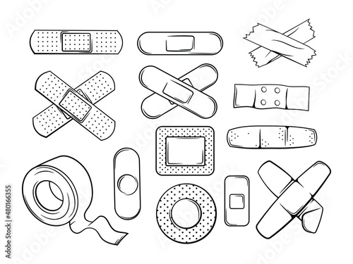 Set of different medical plasters. Collection of adhesive bandage for first aid. Pharmacy plaster. Health care. Vector illustration of medical patches isolated on white background. Protection of inju photo