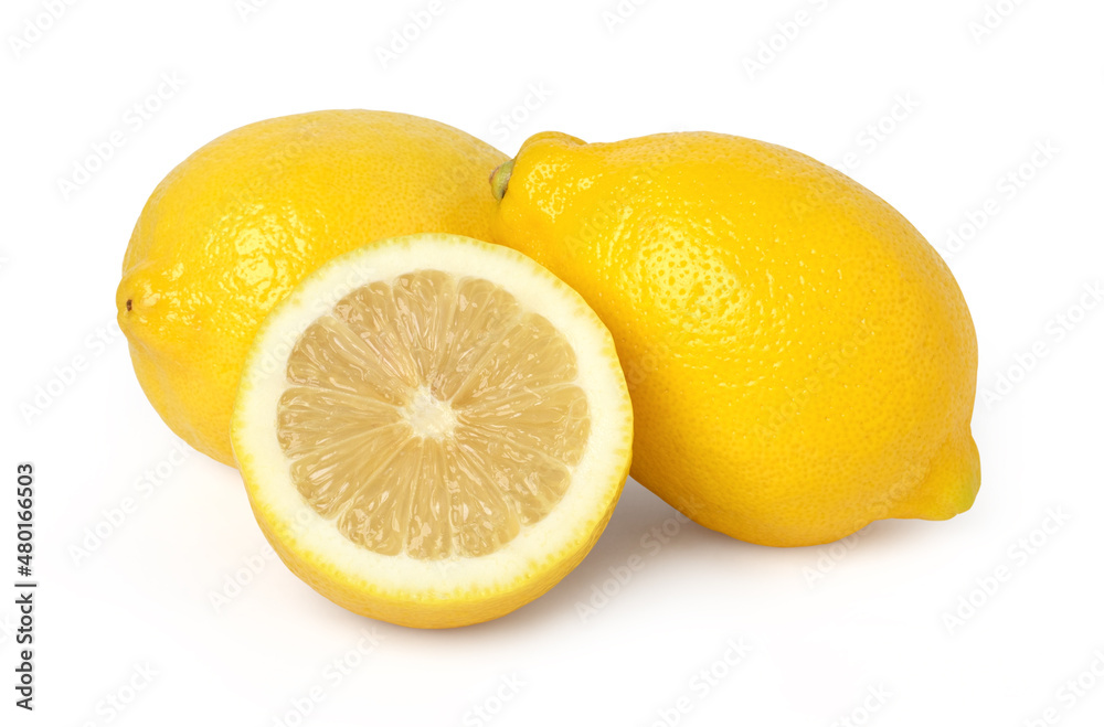 Ripe lemon fruit and slices isolated on white background, fresh lemon fruit.