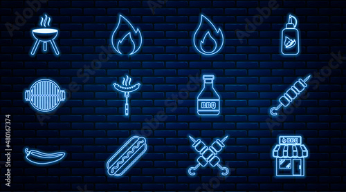 Set line Barbecue shopping building, Grilled shish kebab, Fire flame, Sausage on the fork, grill, Ketchup bottle and icon. Vector