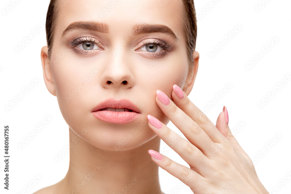 Beautiful Young Woman with Clean Fresh Skin isolated on white background Beautiful Young Woman with Clean Fresh Skin isolated on white background
