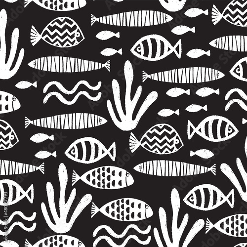 Fish pattern block print seamless vector texture background. Repeat cute kids ocean animal black and white pattern swatch. Distressed block print all over textile for fabric, wallpaper, children wear.