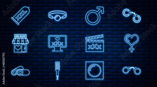Set line Handcuffs, Female gender heart, Male symbol, Monitor with 18 plus content, Sex shop building, Condom safe sex, Movie clapper and Silicone ball gag icon. Vector