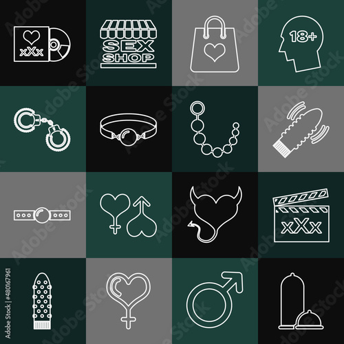 Set line Condoms safe sex, Movie clapper with Sex, Dildo vibrator for games, Shopping bag heart, Silicone ball gag, Sexy fluffy handcuffs, Disc inscription and Anal beads icon. Vector