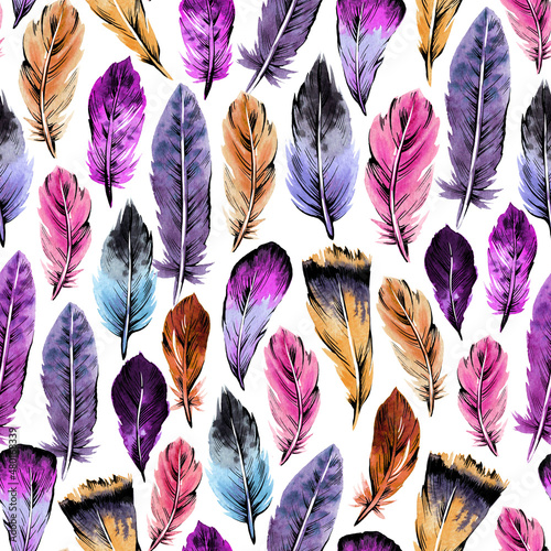 Bird feathers seamless pattern. Hand drawing watercolor. Design wallpaper, fabrics, packaging.	