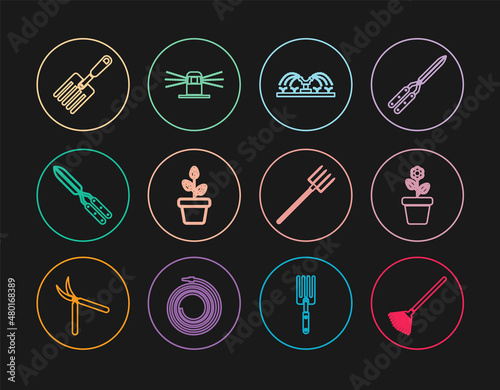 Set line Garden rake for leaves, Flower in pot, Automatic irrigation sprinklers, Flowers, Gardening handmade scissor, fork, pitchfork and icon. Vector