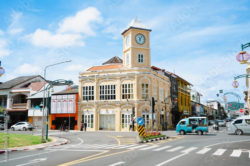 Travel landmark on summer trip famous location.Phuket old town Colorful buildings in Sino Portuguese style