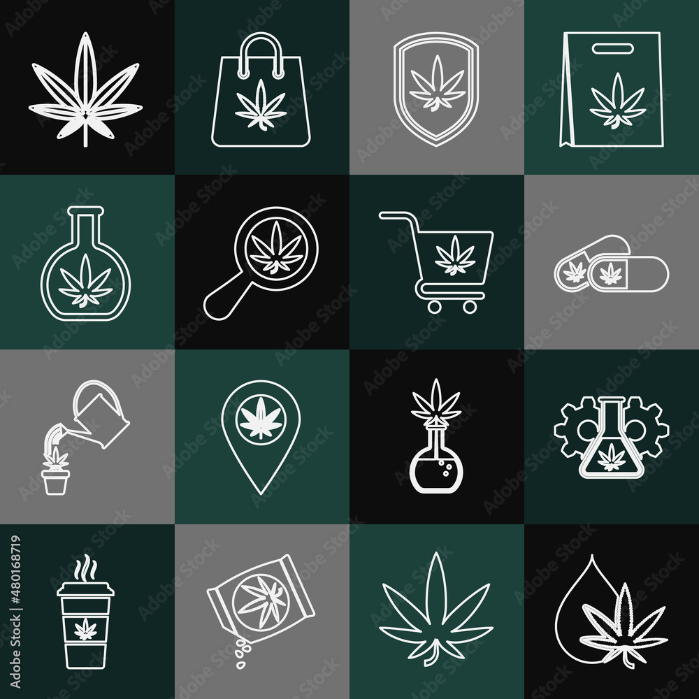 Set line Marijuana or cannabis leaf oil, Test tube with marijuana, Medical pills, Shield and, Magnifying glass, and Shopping cart icon. Vector Set line Marijuana or cannabis leaf oil, Test tube with marijuana, Medical pills, Shield and, Magnifying glass, and Shopping cart icon. Vector