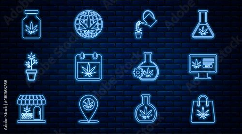 Set line Shopping bag of marijuana, Online buying, Watering can, Calendar and, Marijuana plant pot, Medical bottle with, Test tube and Legalize icon. Vector