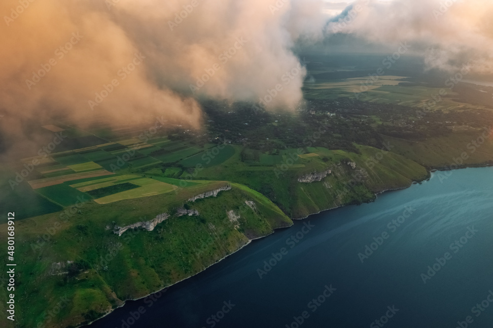 Beautiful landscape aerial view, sunset in fog on the Dniester river, Bakota, Ukraine. Beautiful landscape aerial view, sunset in fog on the Dniester river, Bakota, Ukraine.