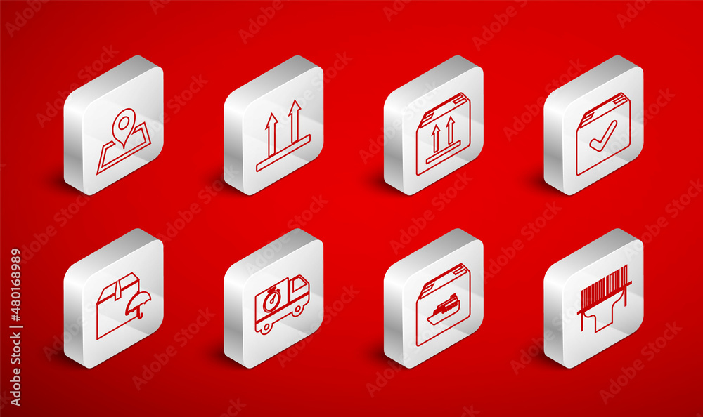 Set line Scanner scanning bar code, This side up, Cardboard box with traffic, Package check mark, Cargo ship boxes, Placeholder on map, Delivery truck and stopwatch and package umbrella icon. Vector Set line Scanner scanning bar code, This side up, Cardboard box with traffic, Package check mark, Cargo ship boxes, Placeholder on map, Delivery truck and stopwatch and package umbrella icon. Vector