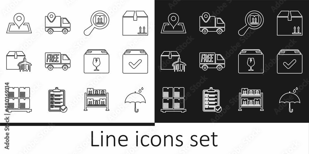 Set line Umbrella and rain drops, Package box with check mark, Search package, Free delivery service, Plane cardboard, Placeholder on map, Delivery fragile content and tracking icon. Vector