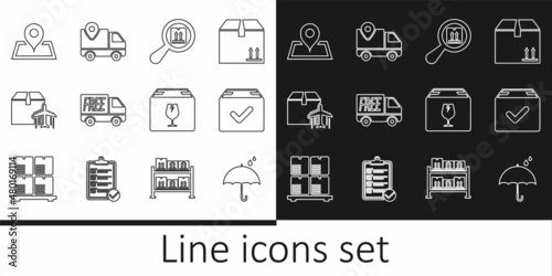 Set line Umbrella and rain drops, Package box with check mark, Search package, Free delivery service, Plane cardboard, Placeholder on map, Delivery fragile content and tracking icon. Vector