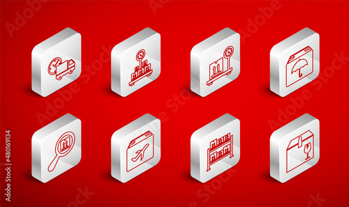 Set line Delivery box with fragile content, Scale cardboard, package umbrella, Warehouse, truck and clock, Plane and Search icon. Vector