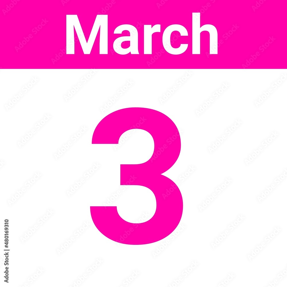 Three of March white and pink calendar illustration. March 3rd on a calendar in white and pink color. Three of March white and pink calendar illustration. March 3rd on a calendar in white and pink color.
