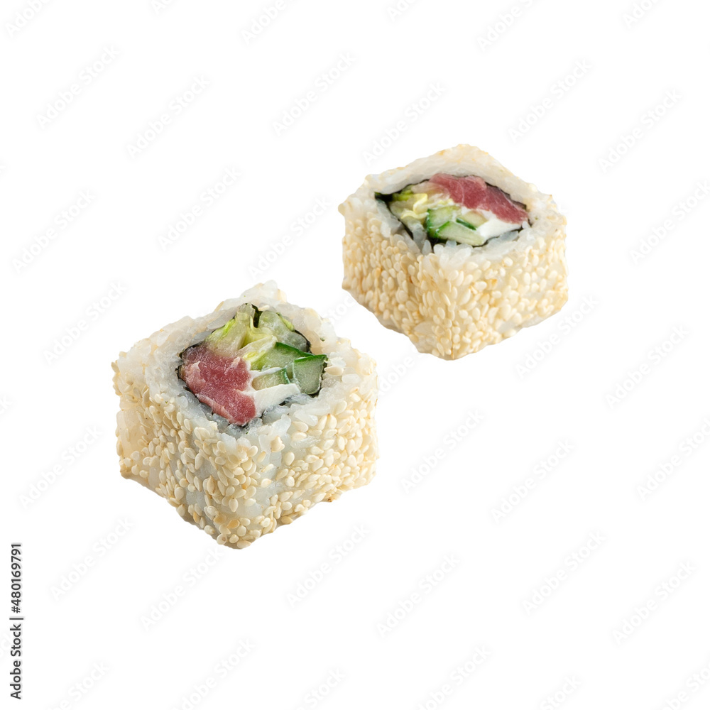 Tuna roll in sesame isolated on a white background Tuna roll in sesame isolated on a white background
