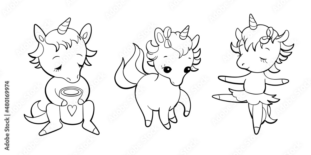 Fototapeta premium Set of cute unicorns in kawaii style. Cartoon pony sticker design. Vector emoji.