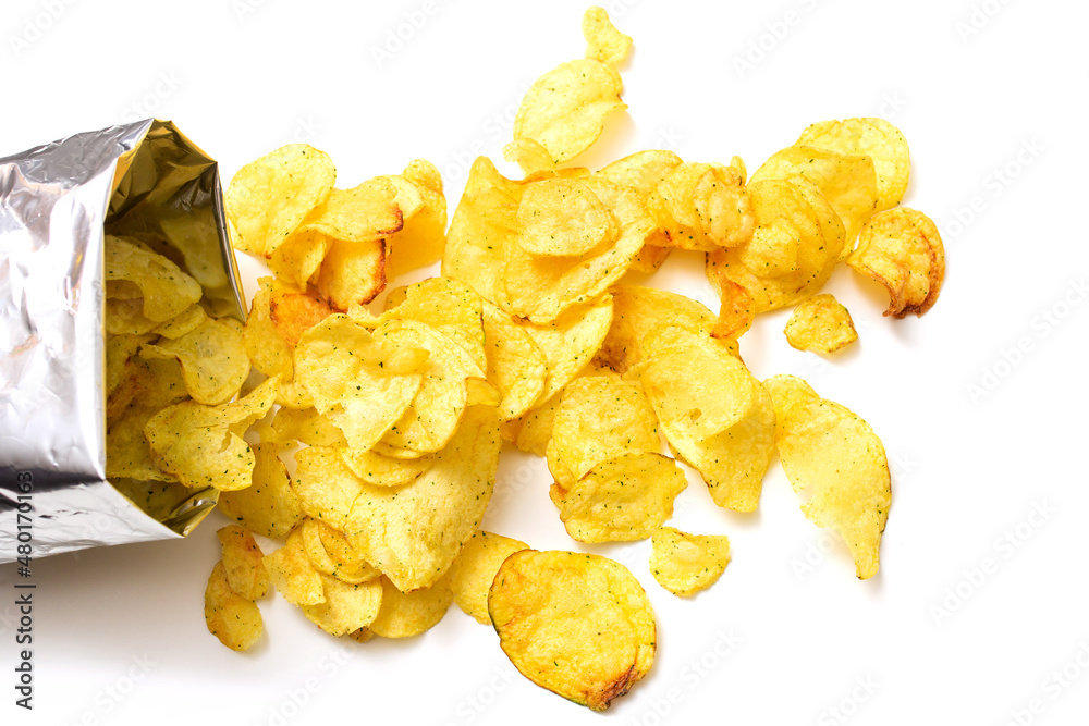 potato chips isolated on white background. Open packet of crisps on white potato chips isolated on white background. Open packet of crisps on white