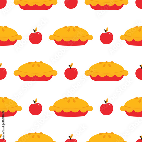 Vector seamless pattern background with sweet apple pies and apple fruits for food, cooking design.